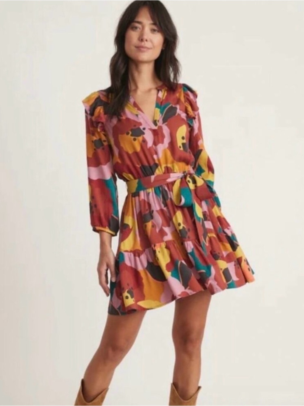 Marine Layer Elise Dress Holiday 2022 Floral Ruffle Belted Mini Dress Size XL